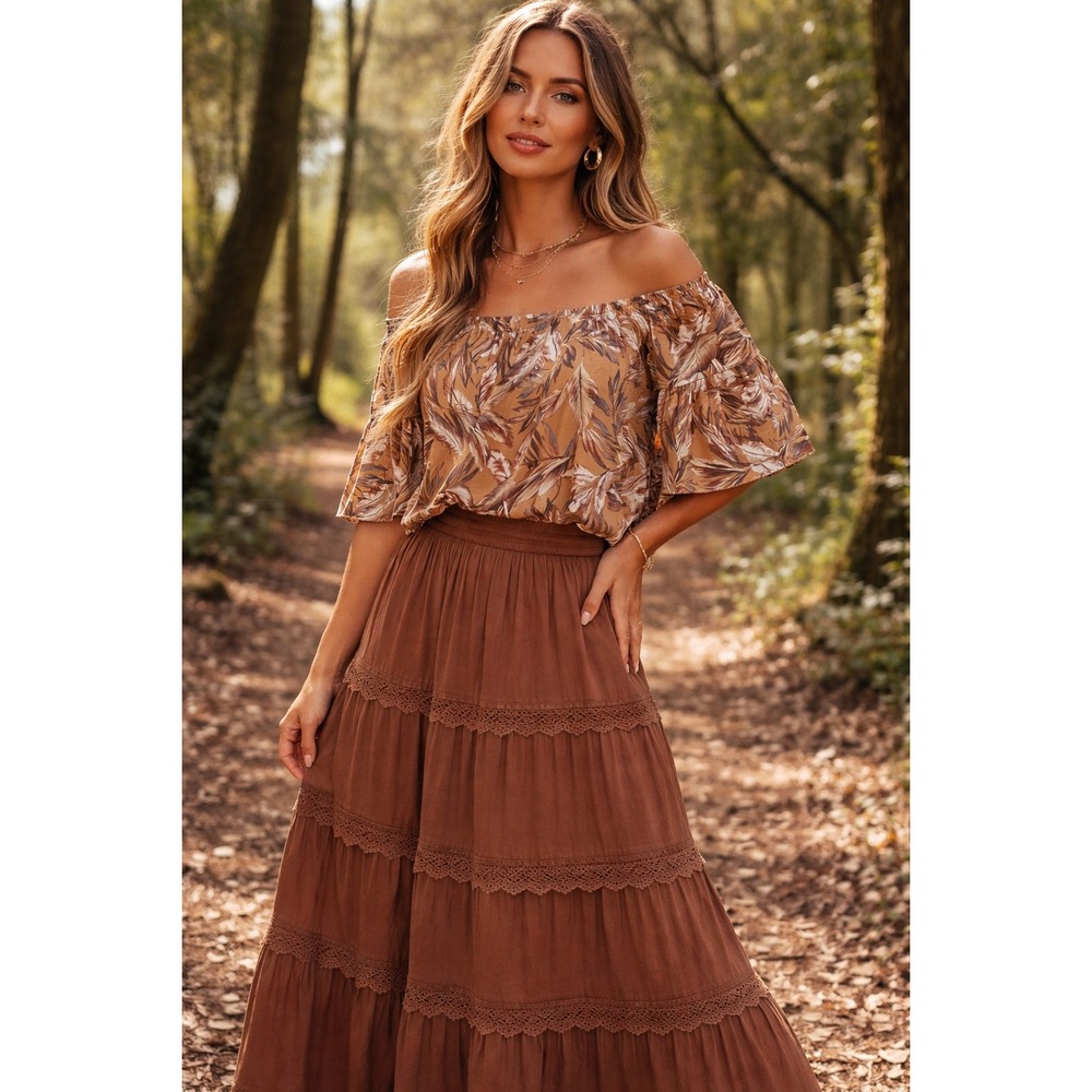 Women's Medium Top Off Shoulder Flare Sleeve Forest Fairy‎ Tropical Resort Vaca
